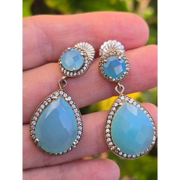 Vintage Pear Blue Chalcedony Fancy Cut, CZ in Sterling, Gold Plated Earrings - Picture 5 of 10